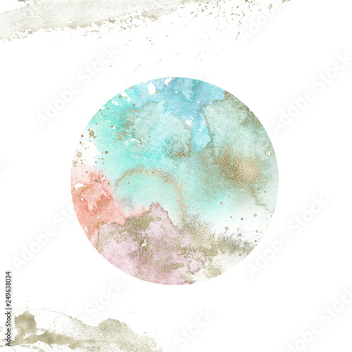 Watercolor Textured Planet - round composition with gold brush stroke. Unique collection for wedding invites decoration, logo and many other concept ideas.