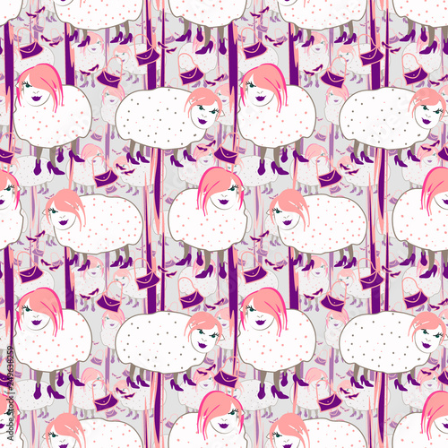 Vector seamless pattern. Hand drawn fashionista sheeps with pink hair on gray background. Template for design, cover page, wall decor, banner, card, wallpaper, print, carton, web site.