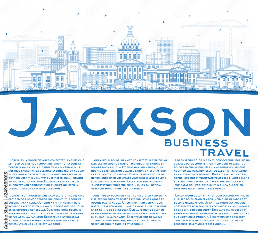 Outline Jackson Mississippi City Skyline with Blue Buildings and Copy Space.