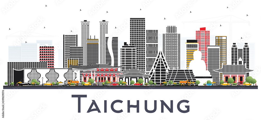 Taichung Taiwan City Skyline with Gray Buildings Isolated on White.