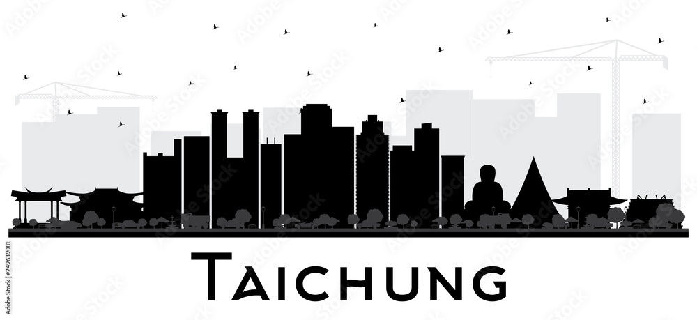 Taichung Taiwan City Skyline Silhouette with Black Buildings Isolated on White.