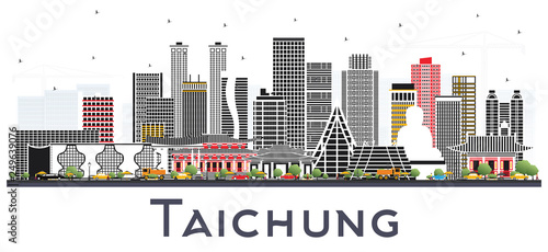 Taichung Taiwan City Skyline with Gray Buildings Isolated on White.
