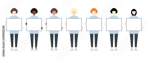 Set of diverse race female characters holding a blank placard. Women rights
