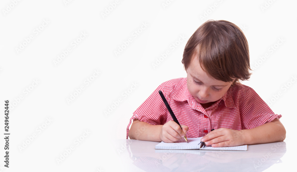 A child writes in an notebook. Education, studies, happy childhood concept. Space for text. A child writes in an notebook. Education, studies, happy childhood concept. Space for text.