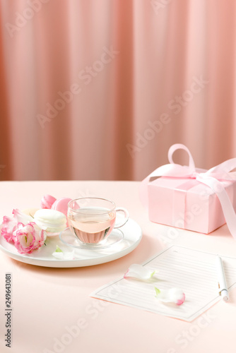 Gift with flowers and a cup of tea -  Anniversary day