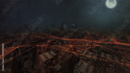 Futuristic aerial view. Connected city. Technology network concept.Internet Of Things. 5G, Wireless Network, Cloud Computing. Futuristic network 3d animation