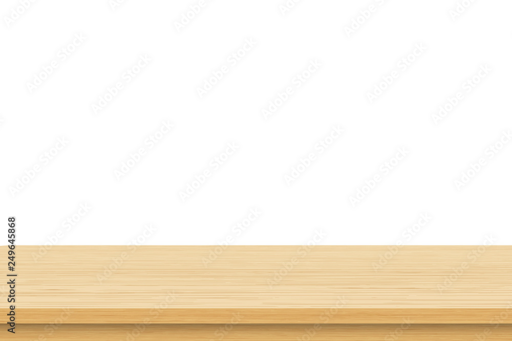 Empty brown wood table top isolated on white background. Template mock up for display of product