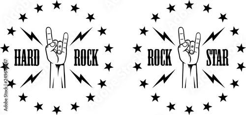 Illustration of rock culture. Rocker gesture text stars and lightning