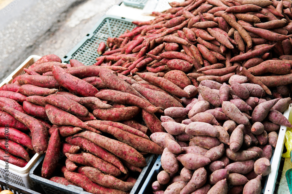 close up of sweet potatoes on market stand - Image close up of sweet potatoes on market stand - Image