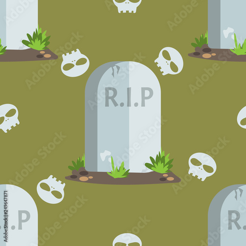 Halloween seamless pattern of gravestones with R.I.P text  and skull. Vector illustration.