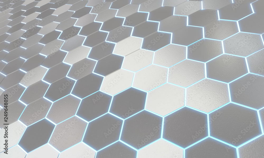 Glowing black and blue hexagons background pattern on silver metal surface 3D rendering Glowing black and blue hexagons background pattern on silver metal surface 3D rendering