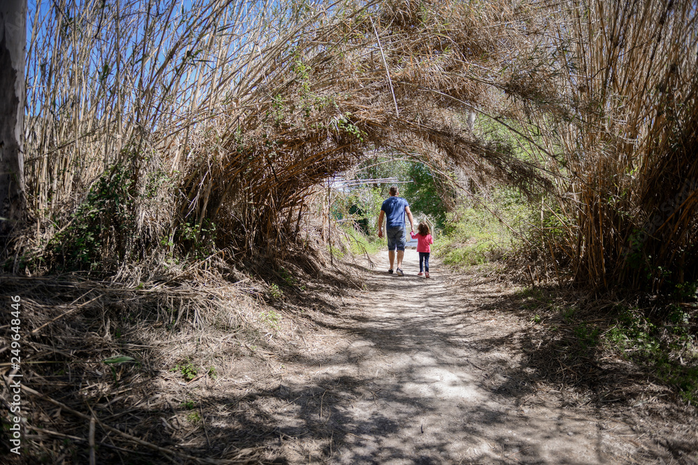 Father and little daughter walking on a path in a wetland Father and little daughter walking on a path in a wetland