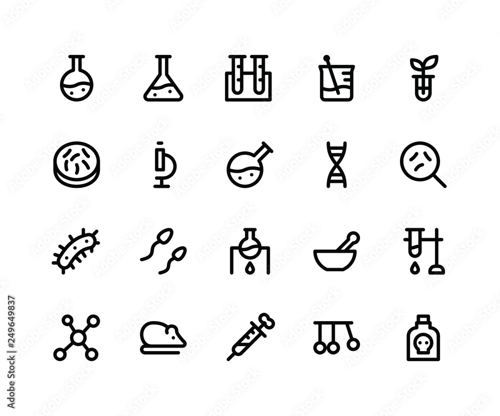 Simple Set of Laboratory Related Vector Line Icons. Contains such Icons chemistry, test tube, microscope, dna, germ and More. pixel perfect vector icons based on 32px grid. Editable Strokes Simple Set of Laboratory Related Vector Line Icons. Contains such Icons chemistry, test tube, microscope, dna, germ and More. pixel perfect vector icons based on 32px grid. Editable Strokes