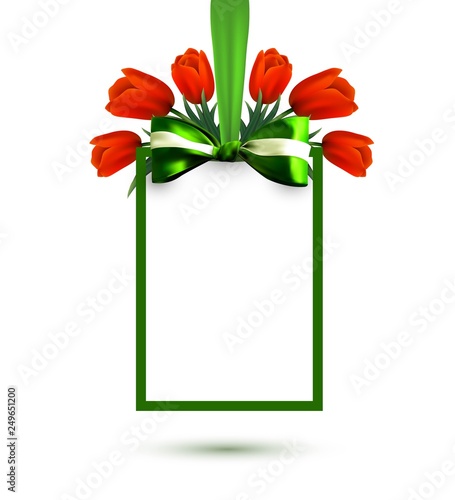 Vector frame banner with green realistic ribbon, bow and tulips flowers. Sale template background, label. Offer concept design. Greeting card. International Women's Day, Mother's day illustration