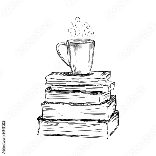 Hand drawn illustration of books and cup of coffee in sketch style