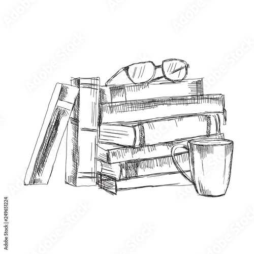 Hand drawn illustration of books,cup of coffee and glasses in sketch style