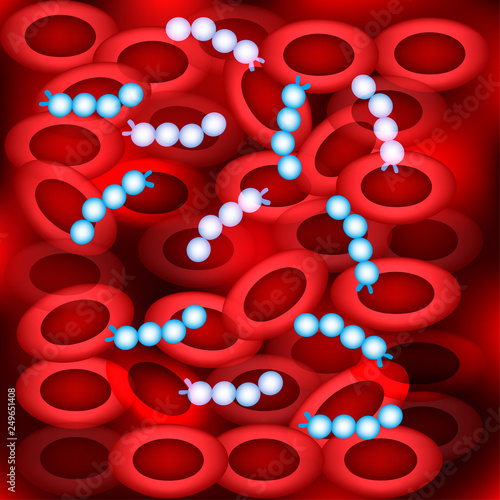 Background of erythrocytes. Sepsis. Blood infection with streptococcus. Vector illustration