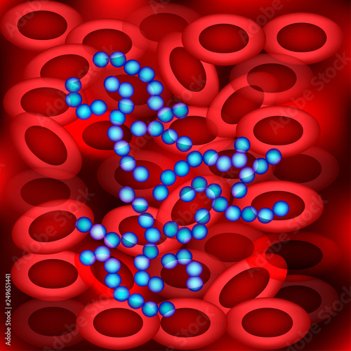 Background of erythrocytes. Sepsis. Blood infection with pneumococcus Vector illustration