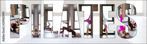 Collage of pilates training, stretching and fitness. Diverse group of young people doing exercises together in a gym with an overlay of the word pilates.