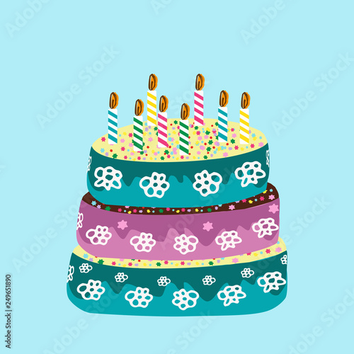 Beautiful birthday cake with birthday candles. Doodle. Hand drawing. Vector illustration