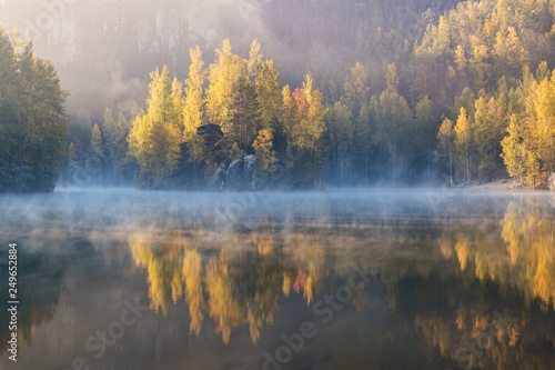 Autumn forest reflected in water. Colorful autumn morning in the mountains. Colourful autumn morning in mountain lake. Foggy autumn sunrise. Beautiful autumn background concept.