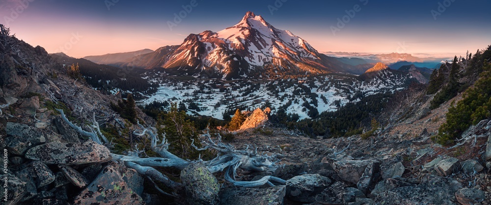 At 10,492 feet high, Mt Jefferson is Oregon's second tallest mountain.Mount Jefferson Wilderness Area, Oregon The snow covered central Oregon Cascade volcano Mount Jefferson rises above a pine forest 