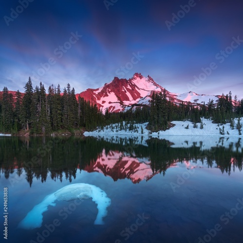 At 10 492 feet high  Mt Jefferson is Oregon s second tallest mountain. Reflected here in Scout Lake at sunset. The snow covered central Oregon Cascade volcano Mount Jefferson. Wilderness Area  Oregon