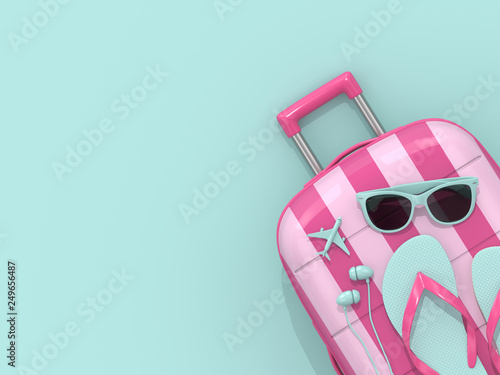 3d render of suitcase with vacation stuff over blue background