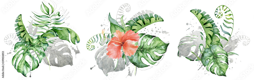 Tropical set watercolor flowers and leaves. Exotic bouquet isolated on ...