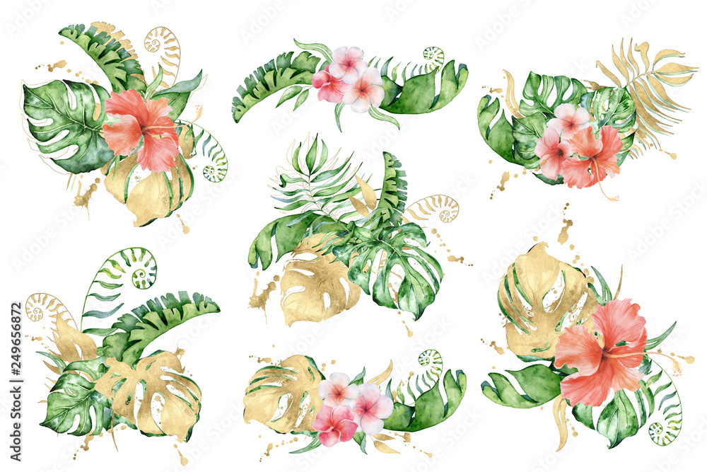 Tropical set watercolor flowers and leaves. Exotic bouquet isolated on ...