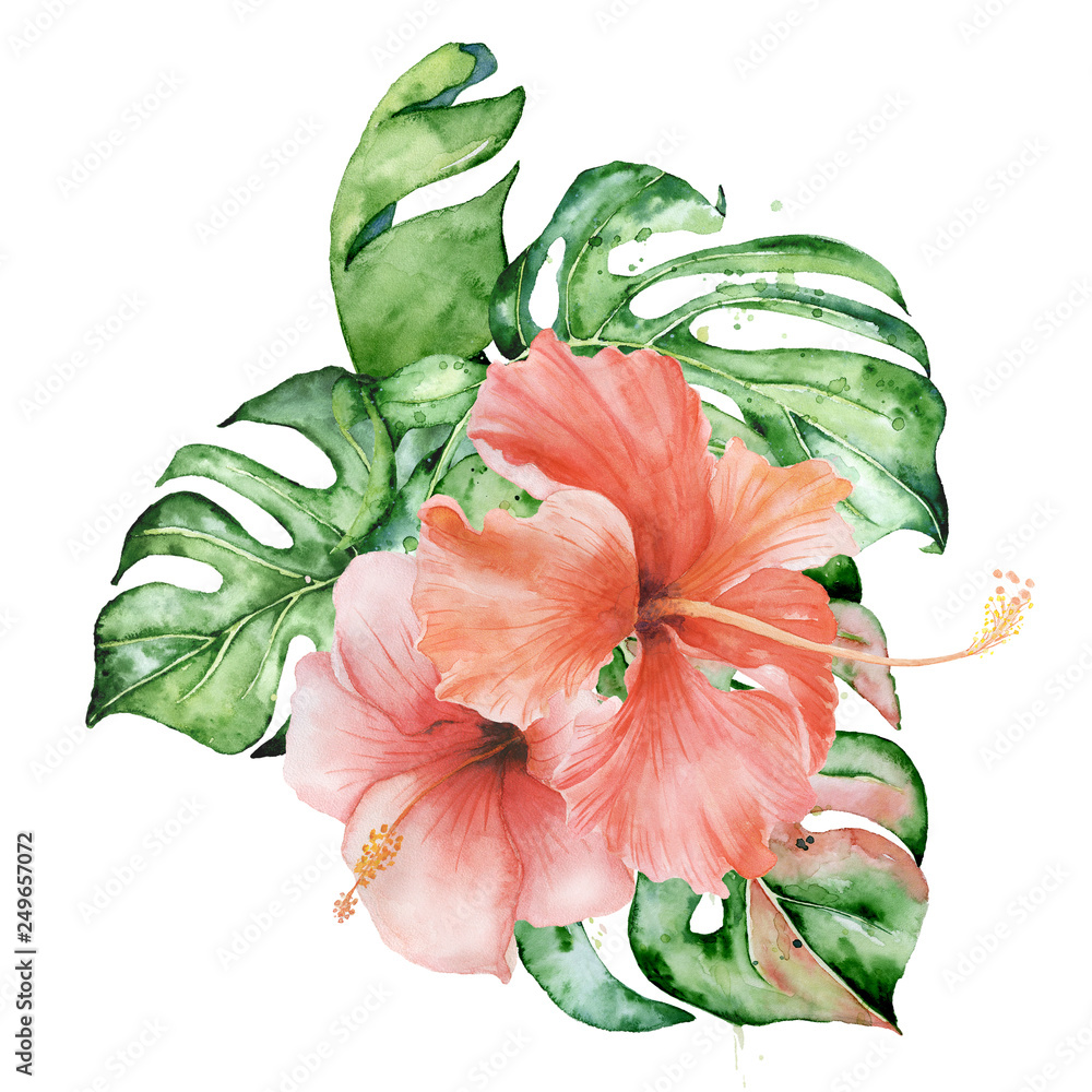 Tropical watercolor flowers and leaves. Exotic bouquet isolated on ...