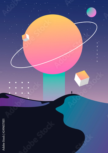 Space. Futuristic landscape with the planet Saturn, person on the background of the desert. Eps 10.