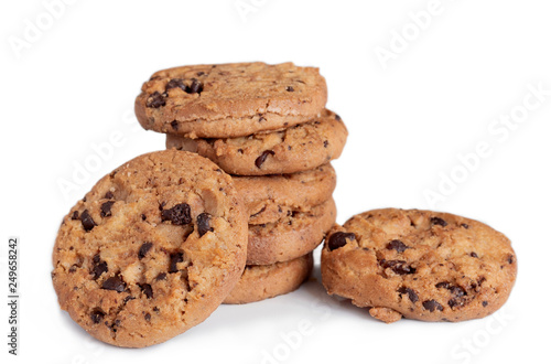 Chocolate chip cookies on white table background.