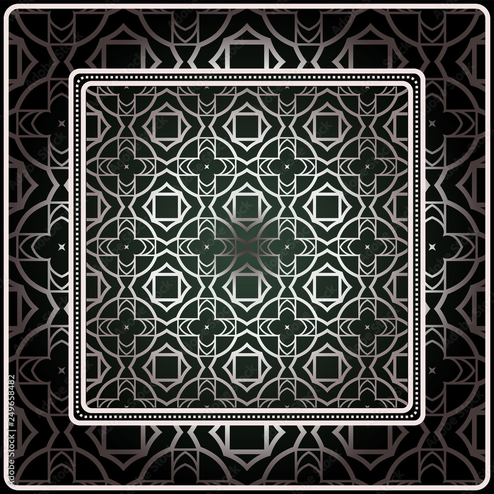 Obraz premium Background, Geometric Pattern With Ornate Lace Frame. Illustration. For Scarf Print, Fabric, Covers, Scrapbooking, Bandana, Pareo, Shawl. Silver. dark grey, green color color