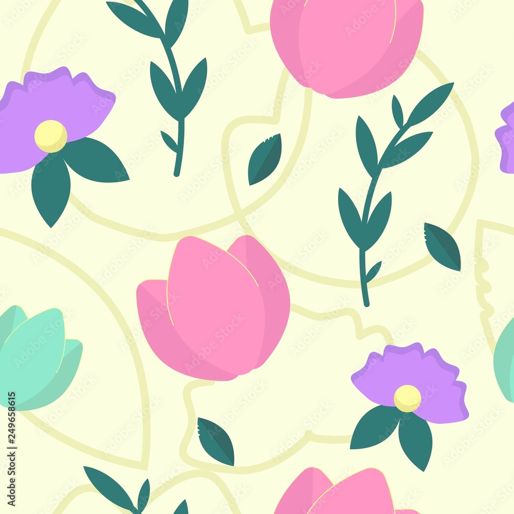 Illustration with seamless pattern. Multicolored tulips and leaves Illustration with seamless pattern. Multicolored tulips and leaves