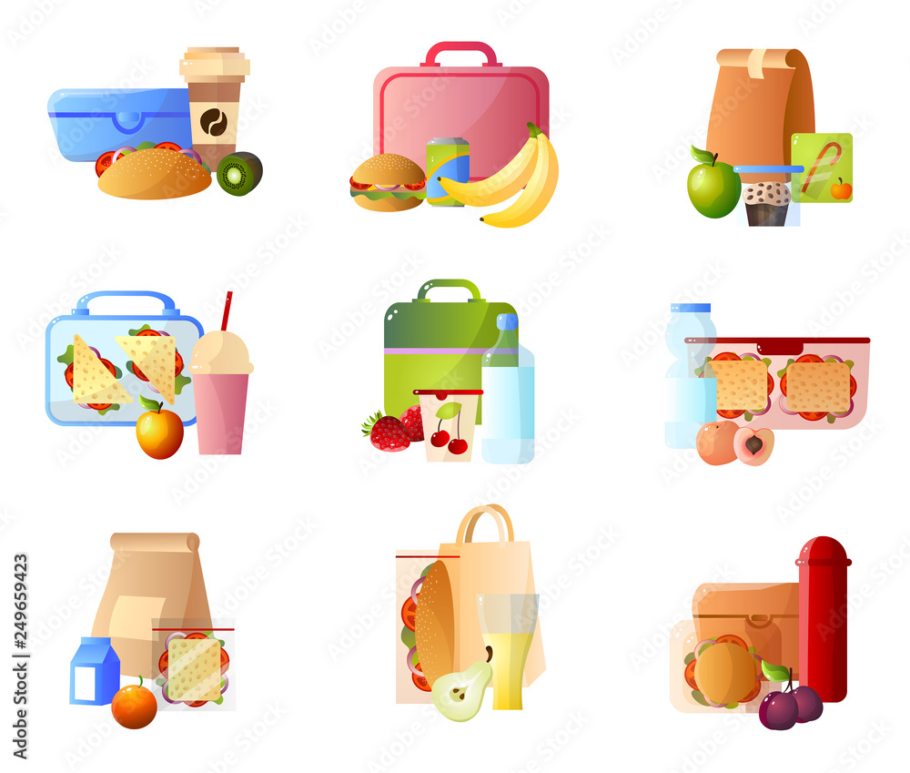 Collection of Lunch Boxes with Healthy Food, School Lunch in Plastic and Paper Packaging Vector Illustration Collection of Lunch Boxes with Healthy Food, School Lunch in Plastic and Paper Packaging Vector Illustration