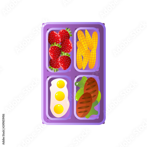 School Lunch Tray with Corn Cobs, Fried Eggs, Cutlets and Strawberries Vector Illustration