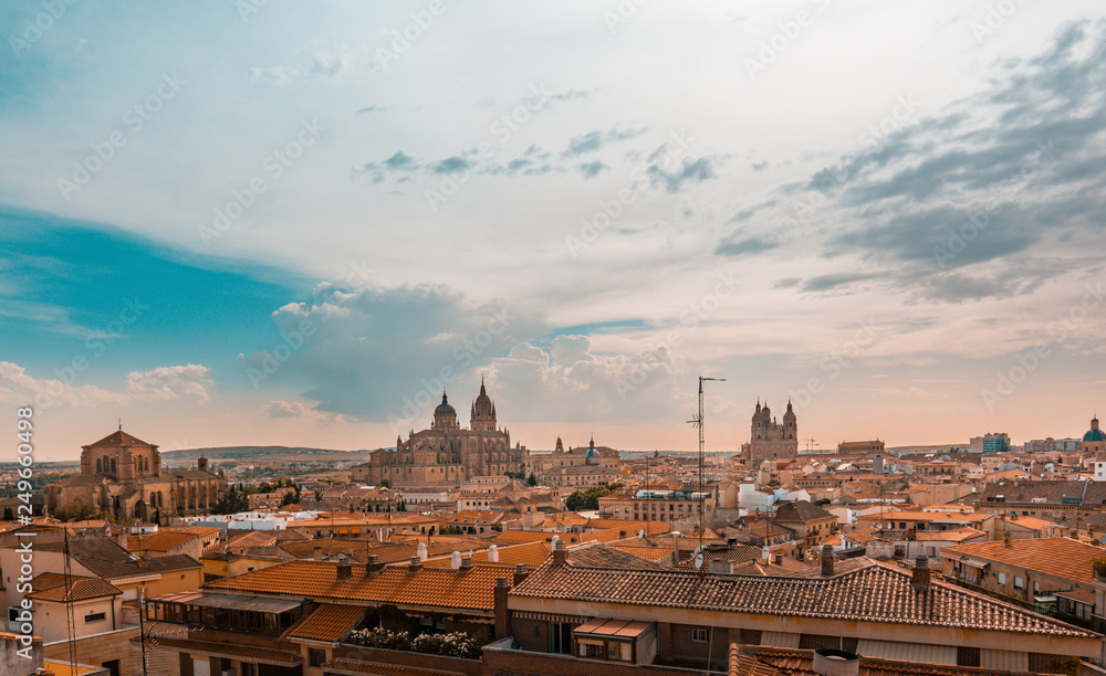 Salamanca cityscape, with the Cathedral, the Pontifical University and Dominican monastery of San Esteban. The Old city of Salamanca is declared by UNESCO a World Heritage Site.