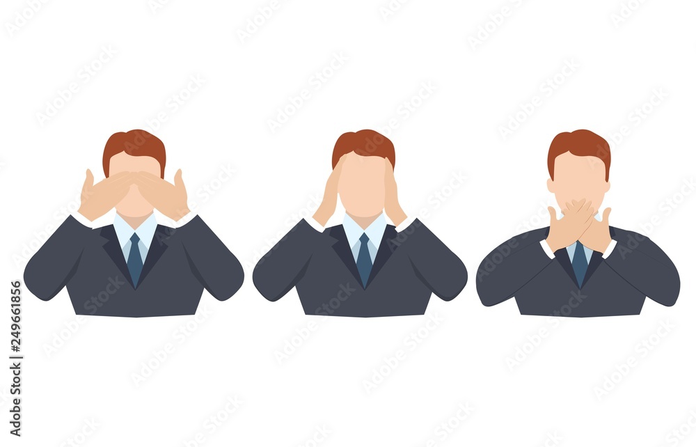 Man covering eyes, ears and mouth with hands as looking like the three