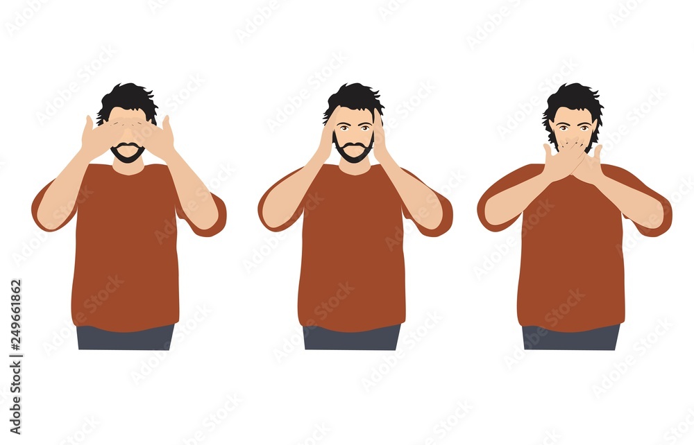 Man covering eyes, ears and mouth with hands as looking like the three wise monkeys. Don't see, don't hear and don't speak concept illustration in vector cartoon style. Man covering eyes, ears and mouth with hands as looking like the three wise monkeys. Don't see, don't hear and don't speak concept illustration in vector cartoon style.