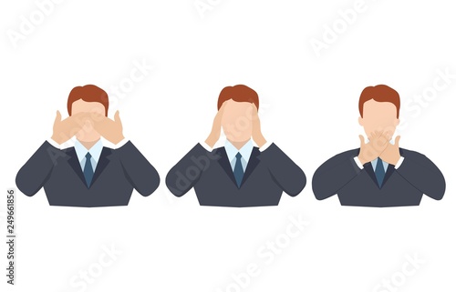 Man covering eyes, ears and mouth with hands as looking like the three wise monkeys. Don't see, don't hear and don't speak concept illustration in vector cartoon style.