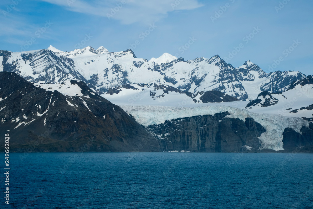 Gold Harbor South Georgia Island, view of glacier and mountain range