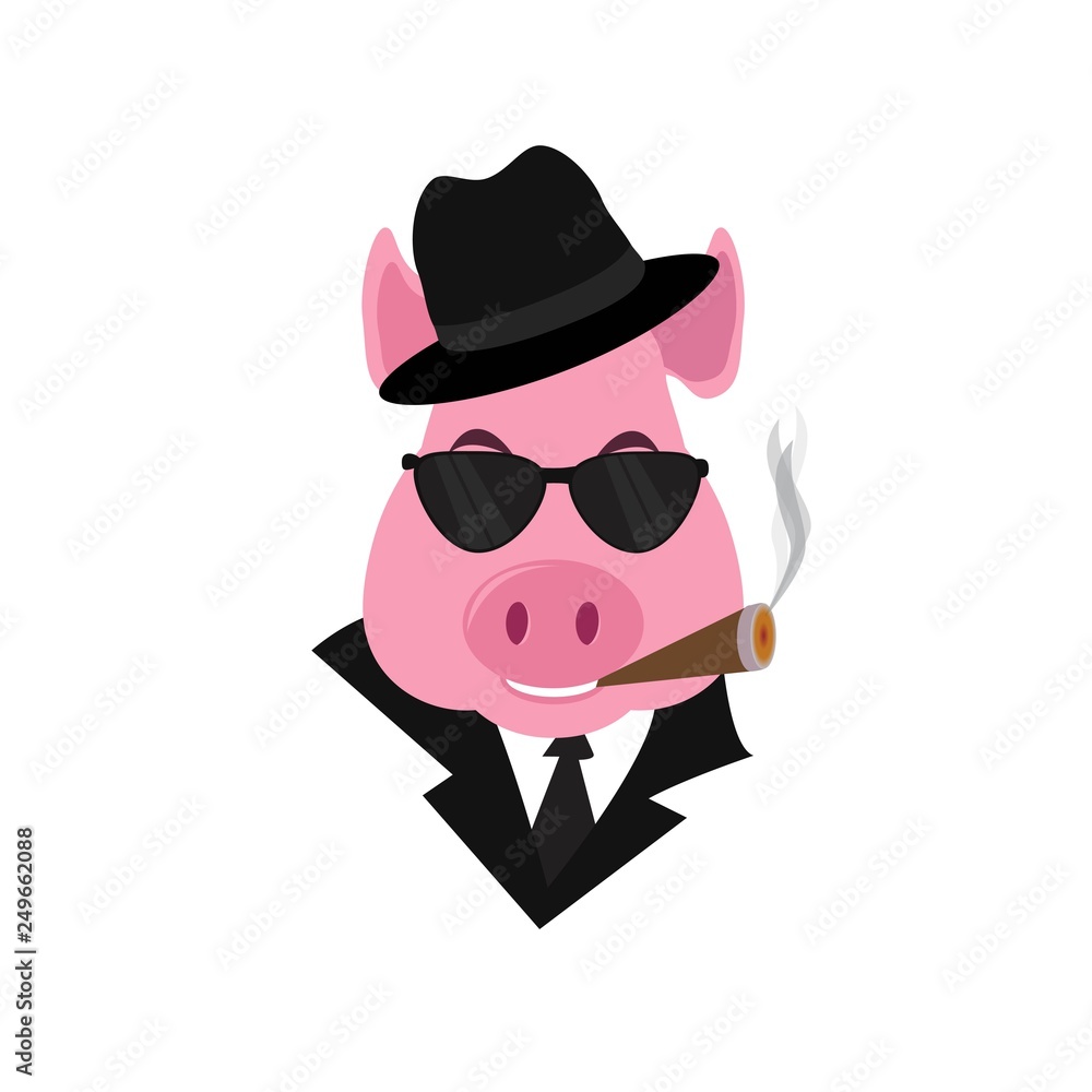 Funny cartoon capitalist pig caricature. Rich piggy boss with cigar, monocle and top hat.