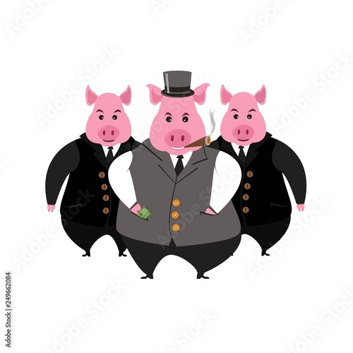Funny cartoon capitalist pig caricature. Rich piggy boss with cigar, monocle and top hat.