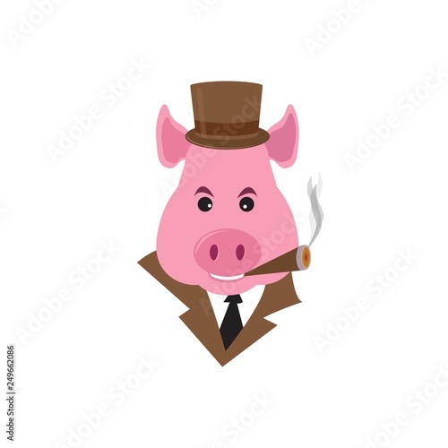 Funny cartoon capitalist pig caricature. Rich piggy boss with cigar, monocle and top hat.