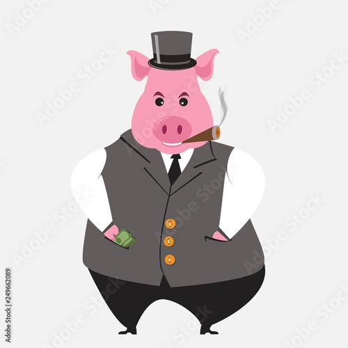 Funny cartoon capitalist pig caricature. Rich piggy boss with cigar, monocle and top hat.