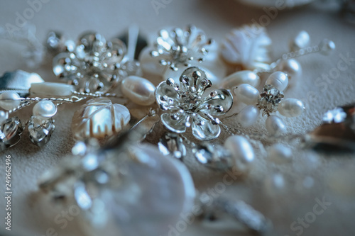 Closeup macro photo of details, workplace of decorator and creator of wedding imitation jewelry