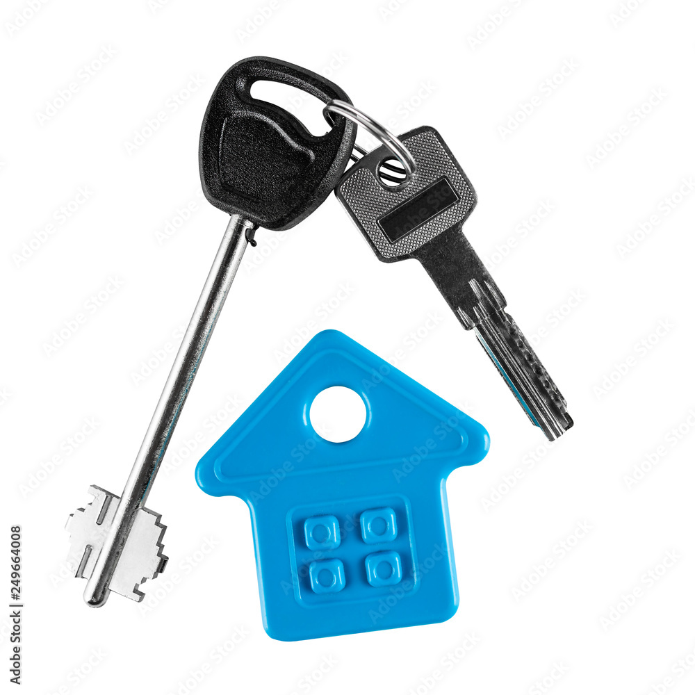 Big and small house keys. Below is the symbol of the house. Close up on a white background. There is a place to sign the copyspace Big and small house keys. Below is the symbol of the house. Close up on a white background. There is a place to sign the copyspace