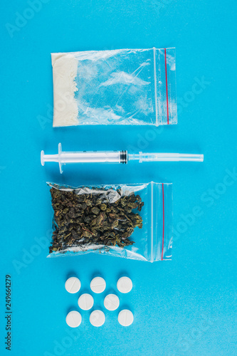 Illegal drugs. Heroin, ecstasy, cocaine and marijuana. Space for text