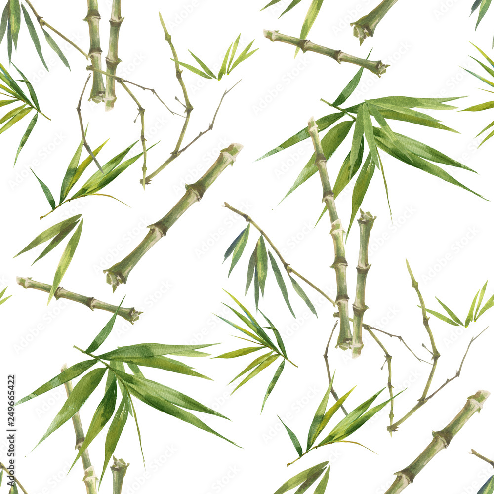 Obraz premium Watercolor illustration of bamboo leaves , seamless pattern on white background